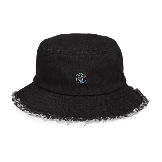 Distressed Denim Embroidered Logo Bucket Hat